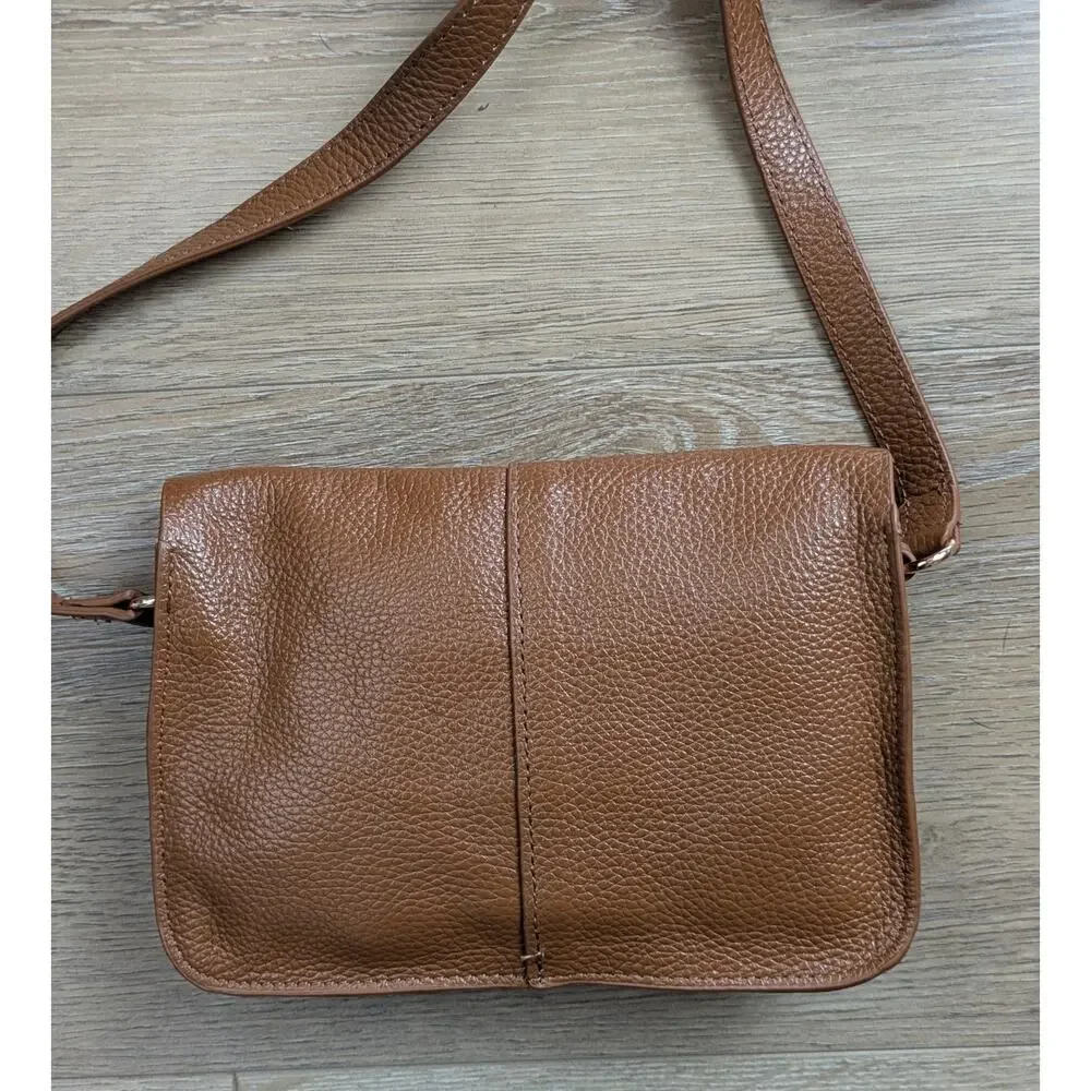 BTB Los Angeles Mini Crossbody Bag Leather Cognac Pebble Flap Close Minimalist